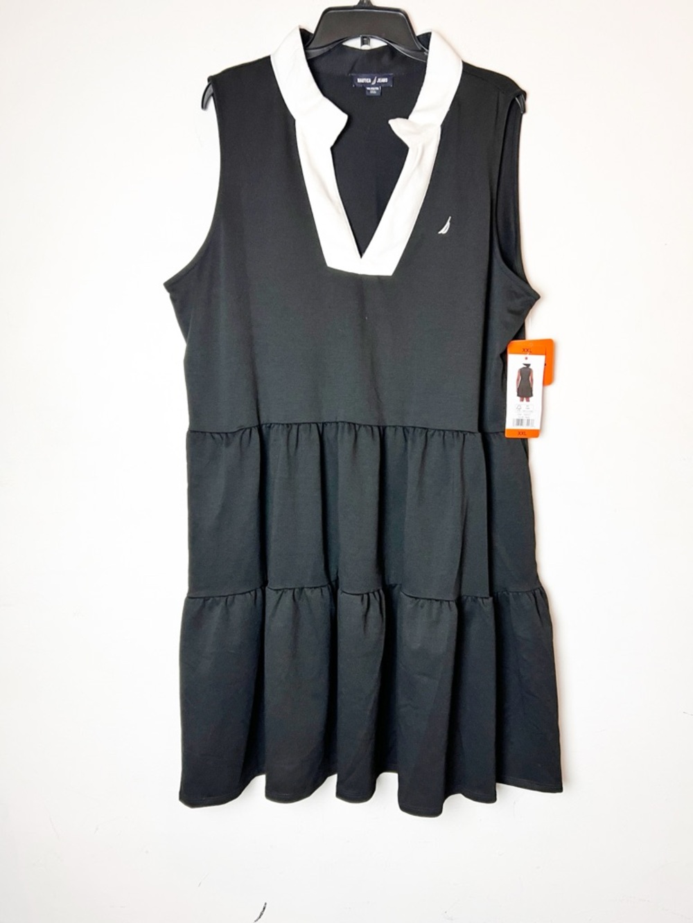 NWT SZ XXL Nautica Black Sleeveless Tiered Polo Dress with White V-Neck Trim